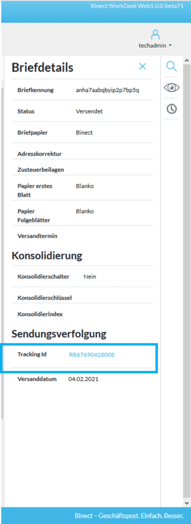 Sendungsverfolgung im Binect Enterprise Basic.