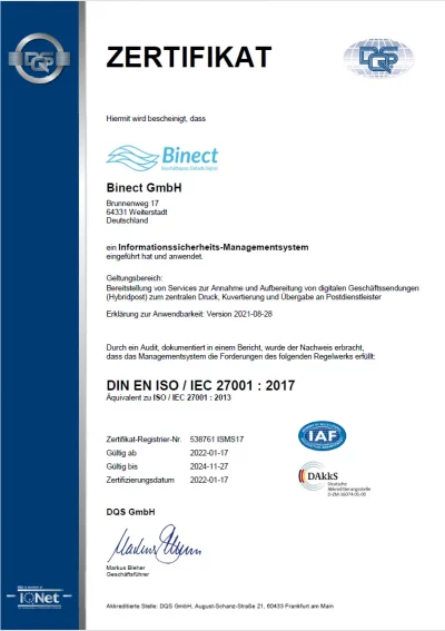 Zertifikat nach ISO-27001 für Binect