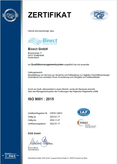 Zertifikat nach ISO-9001-2015 für Binect